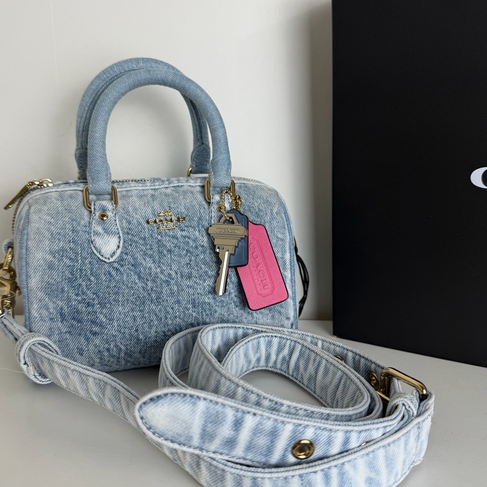 NWT Coach Mini Rowan Crossbody Bag In Loved Denim With Charms - Picture 3 of 10